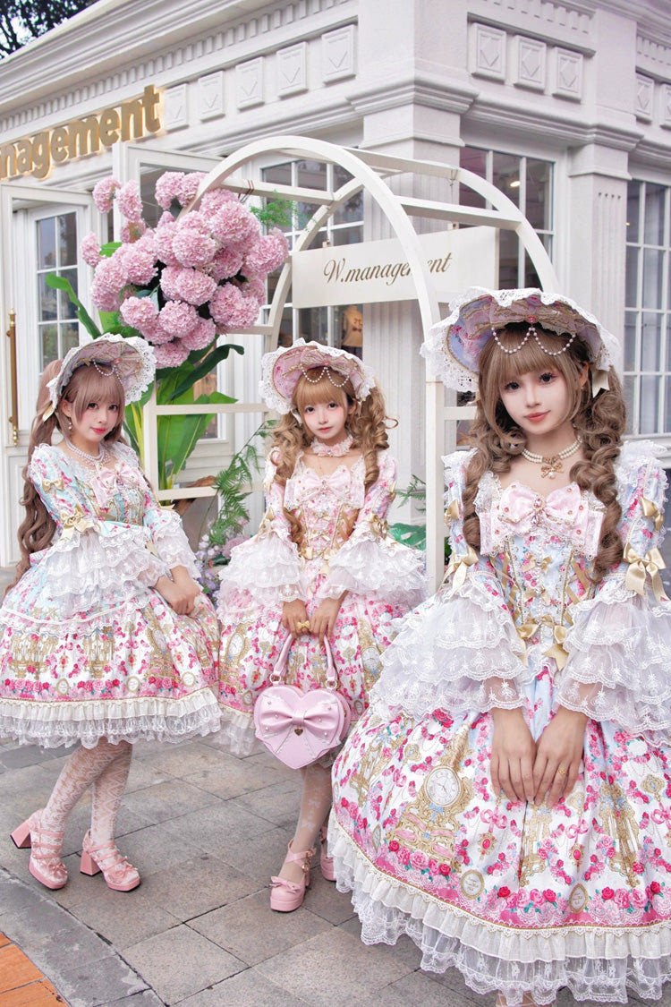 Pink [Rose Garden Prelude] Square Collar Long Trumpet Sleeves Printed Ruffled Bow Lace Lace-Up Sweet Lolita Dress - Product - 6