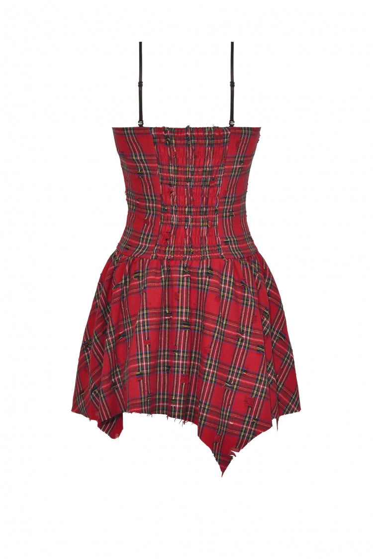 Red Buckled Frayed Asymmetric Hem Women's Punk Grunge Plaid Mini Slip Dress - Product - 24