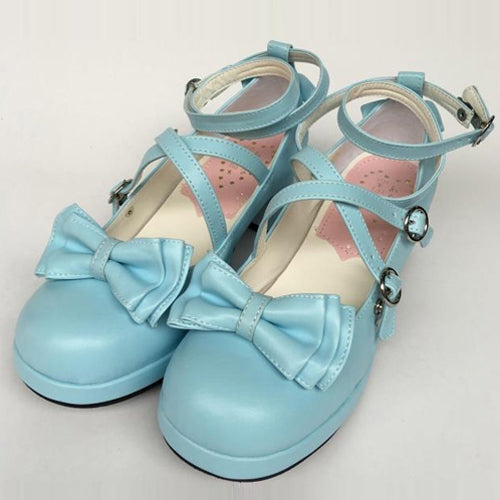 Blue Bowknot Circular Buckle Sweet Lolita Shoes - Blue - 1