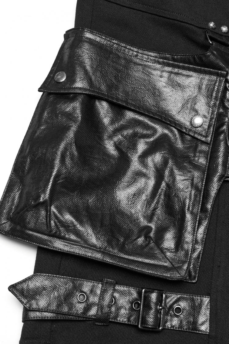 Black Big-pocket Faux Leather Stitching Men's Punk Shorts - Product - 6