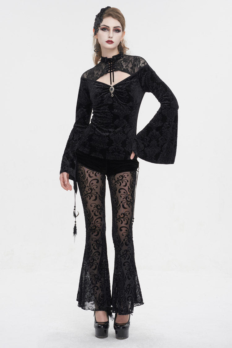 Black Lace Cutout Round Collar Flared Sleeved Floral Embossed Women's Gothic Shirt - Product - 5