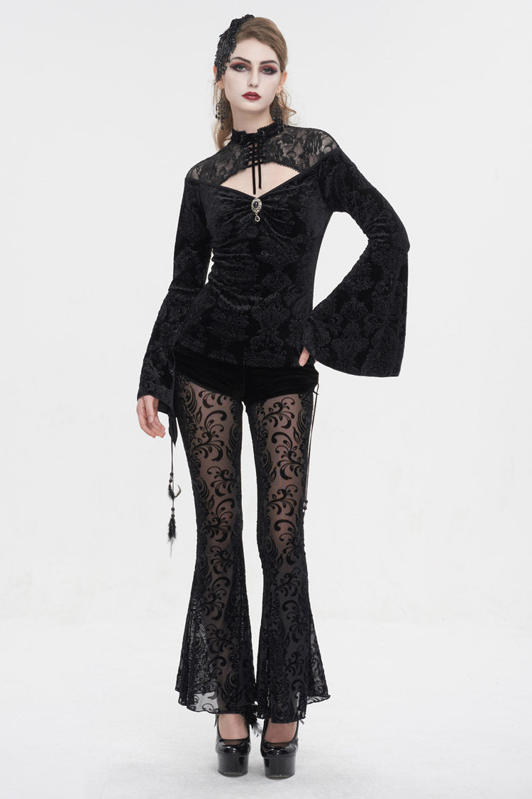 Black Lace Cutout Round Collar Flared Sleeved Floral Embossed Women's Gothic Shirt - Product - 5