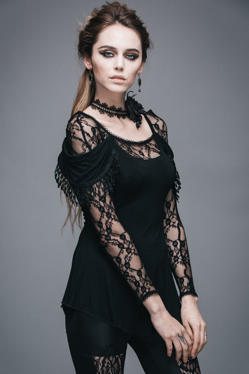 Black Rose Lace Long Sleeves Modal Womens Gothic T-Shirt - Product - 3