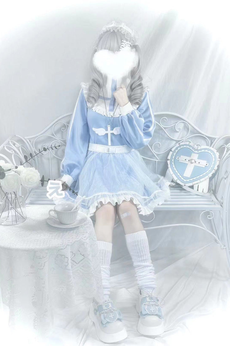 Blue Cross Angel Long Sleeves Ruffle Sweet Jirai Kei Japanese Dress - Product - 3