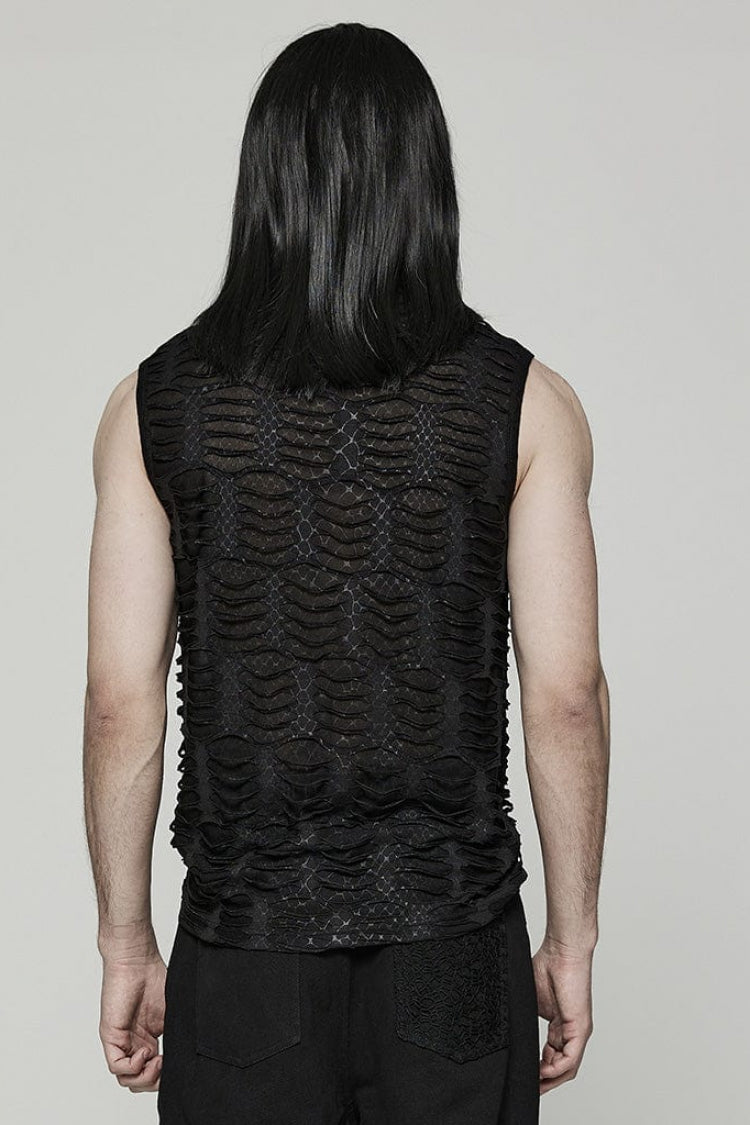 Black High Collar Hollow Spider Mesh Ripped Asymmetric Mens Gothic Vest - Product - 3