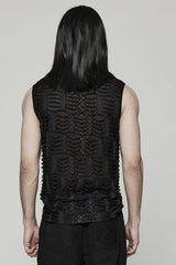 Black High Collar Hollow Spider Mesh Ripped Asymmetric Mens Gothic Vest - Product - 3