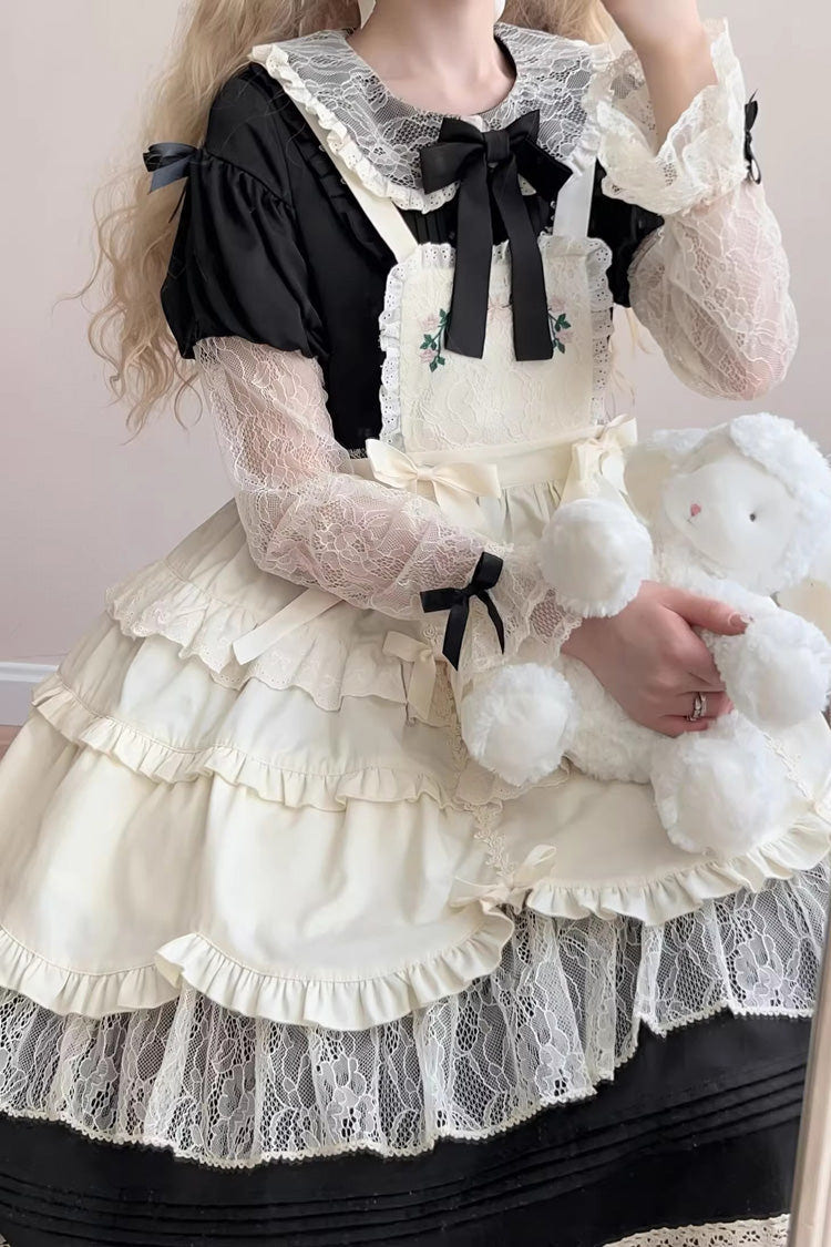 Black [Mist over Flowers Along the Path] Lapel Collar Long Sleeves Embroidery Bowknot Lace Sweet Lolita Dress - Product - 5