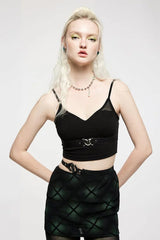 Black Short Sleeves Metal Heart Buckle Strap Slim Women's Punk Vest - Product - 2