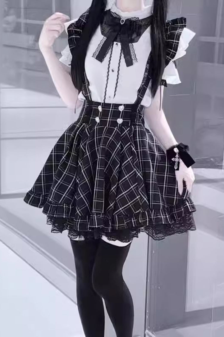 Black Plaid Print Ruffle Lace Jirai Kei Japanese Strap Dress - Product - 3