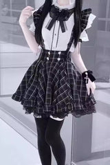 Black Plaid Print Ruffle Lace Jirai Kei Japanese Strap Dress - Product - 3
