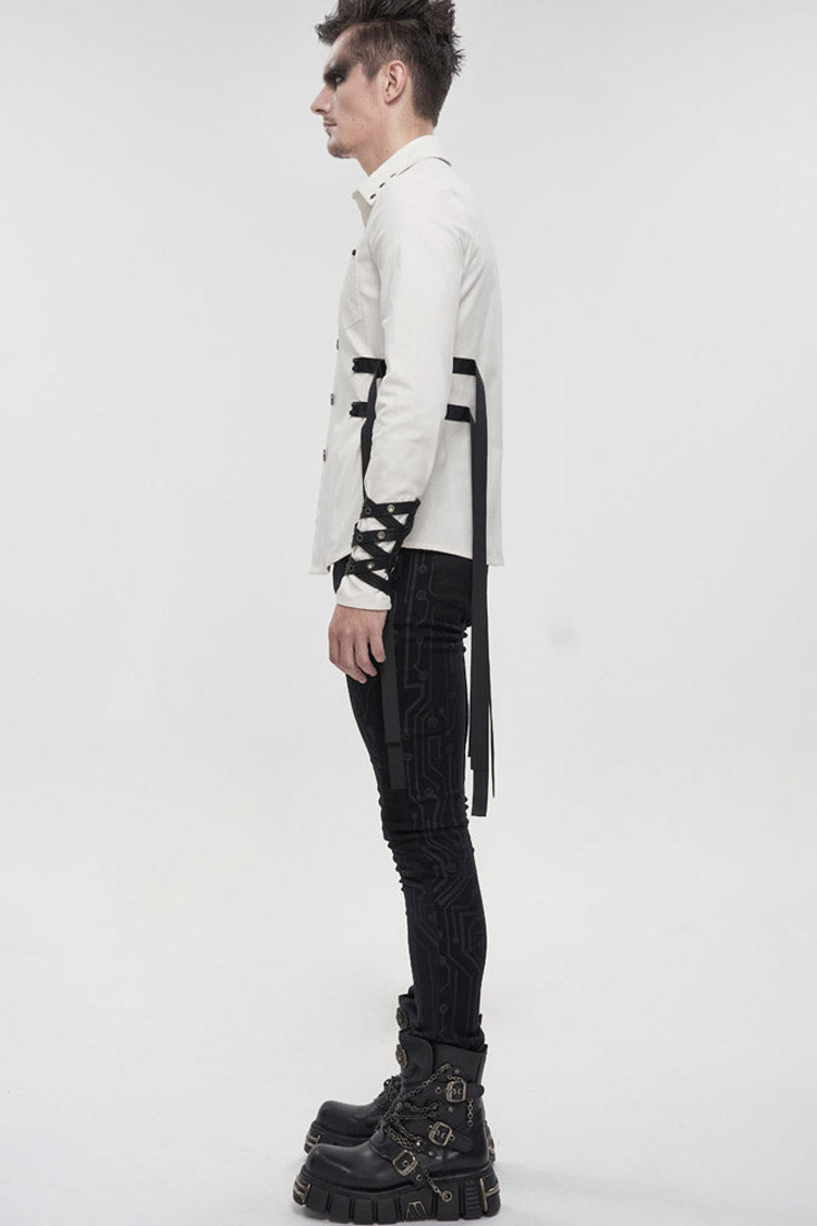 White Punk Nylon Strap Metal Buckle Decoration Long Sleeve Elasticity Thick Men's Shirt - Product - 8