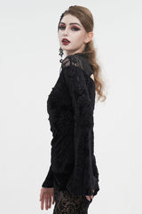 Black Lace Cutout Round Collar Flared Sleeved Floral Embossed Women's Gothic Shirt - Product - 3