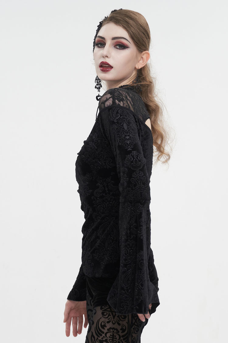 Black Lace Cutout Round Collar Flared Sleeved Floral Embossed Women's Gothic Shirt - Product - 3