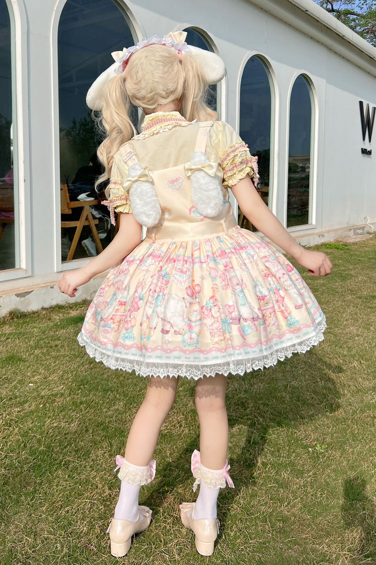 Yellow Sheep's Party Print Bowknot Stitching Lace Sweet Lolita Strap Dress - Product - 3