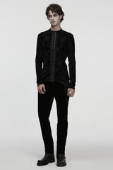 Black Stand Collar Long Sleeves Rose Embossed Lace-Up Zippered Men's Gothic Top - Product - 4