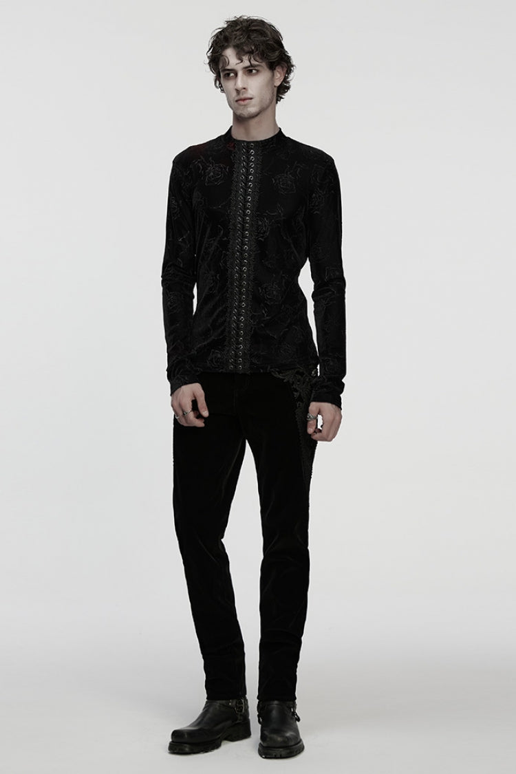 Black Stand Collar Long Sleeves Rose Embossed Lace-Up Zippered Men's Gothic Top - Product - 4