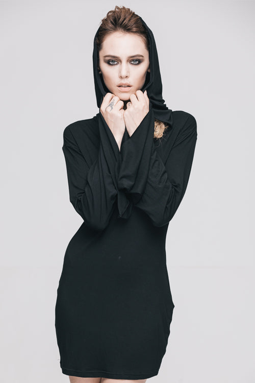 Black Punk Flared Sleeve Hooded Knit Womens Dress - Product - 4