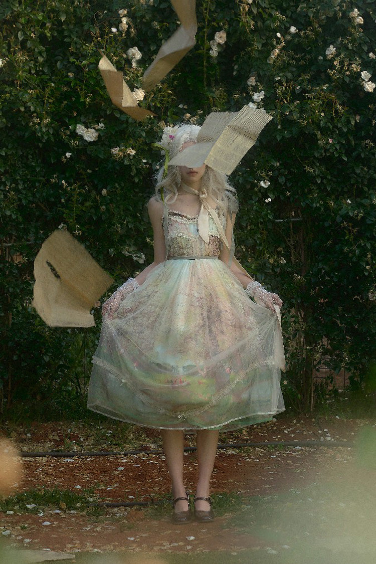 Green [Oil Painting – Spring] Sleeveless Print Ruffle Bowknot Lace Sweet Lolita Jsk Dress - Product - 11