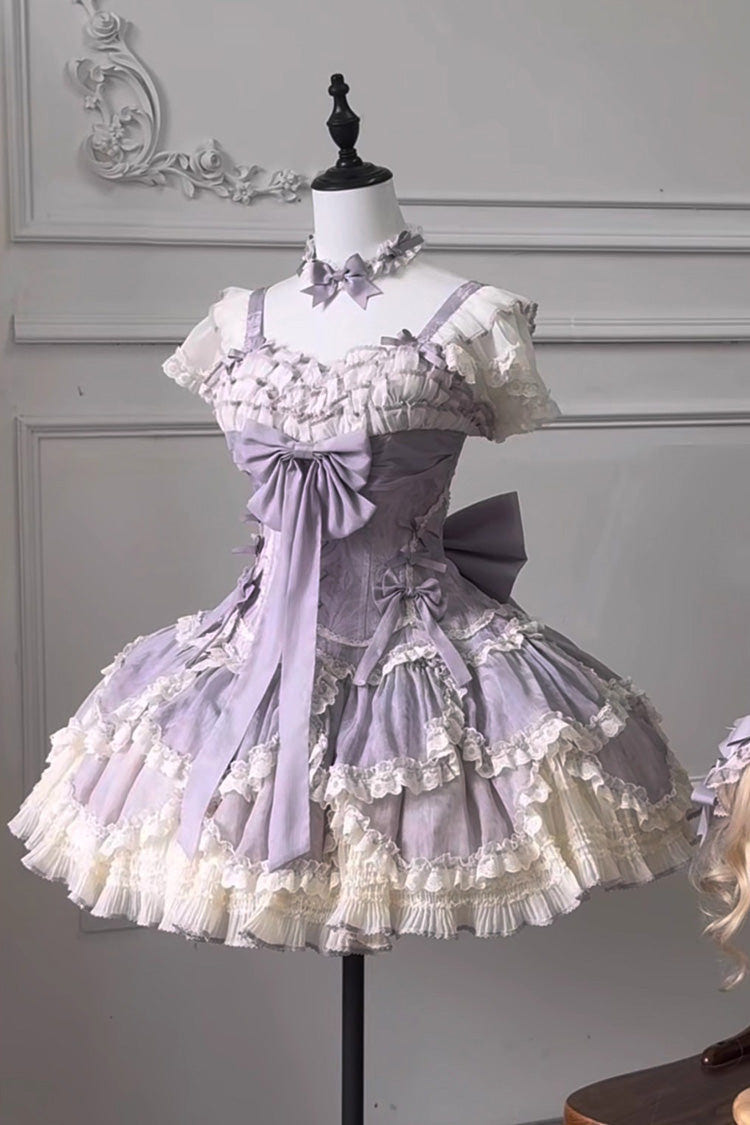 Purple [Floral Dream] Short Sleeves Multi-Layered Ruffle Embroidery Bowknot Lace-Up Sweet Elegant Ballet Lolita Jsk Dress - Product - 10
