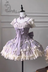 Purple [Floral Dream] Short Sleeves Multi-Layered Ruffle Embroidery Bowknot Lace-Up Sweet Elegant Ballet Lolita Jsk Dress - Product - 10