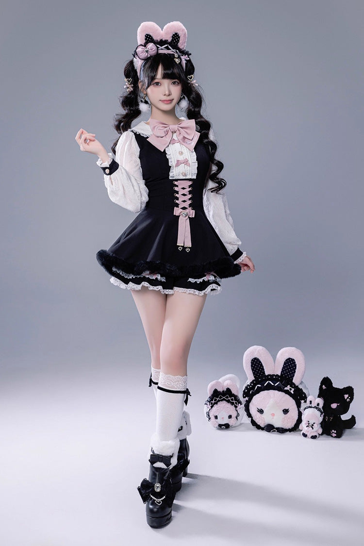 ブラック 長袖 フリル リボン レースアップ 和風 地雷系 ワンピース ショートパンツ Plush セット 商品画像