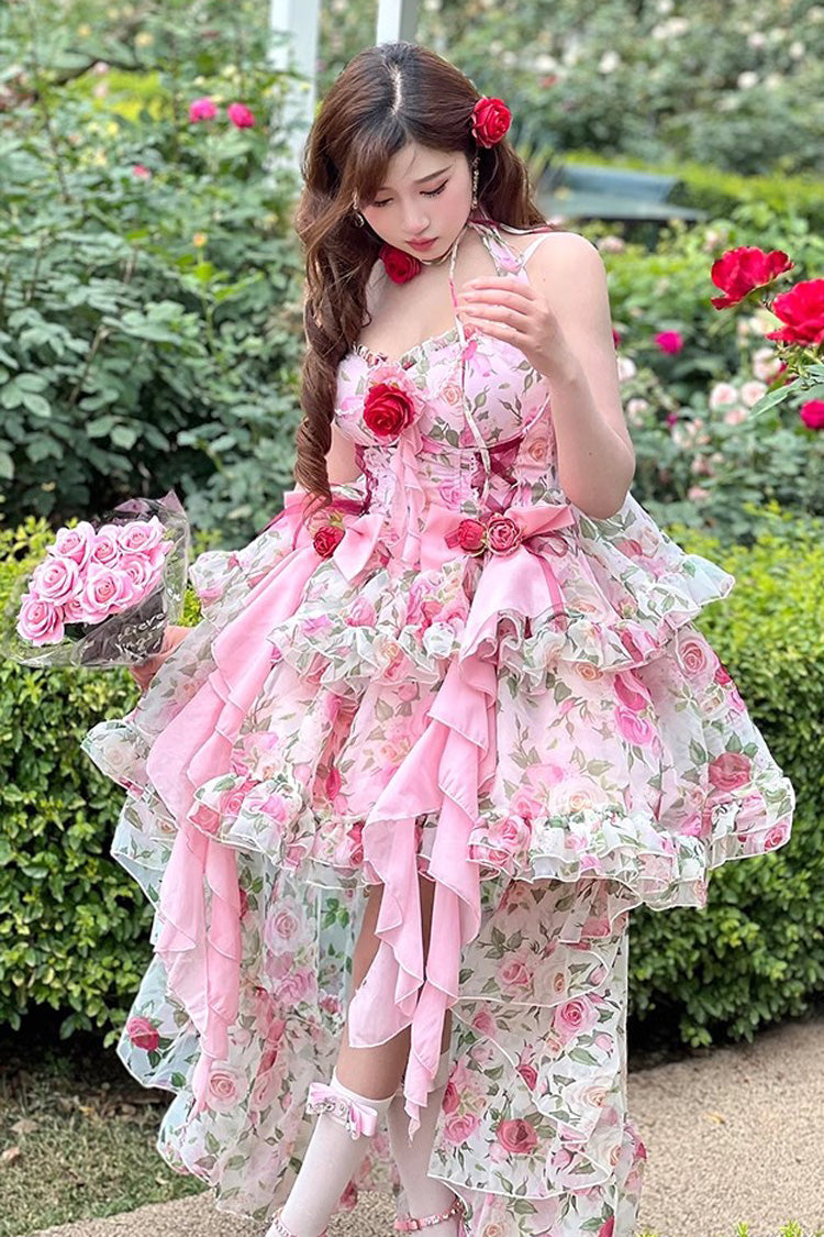 Pink Multi-Color Rose Print Sleeveless Sweet Lolita Strapless Dress - Product - 9