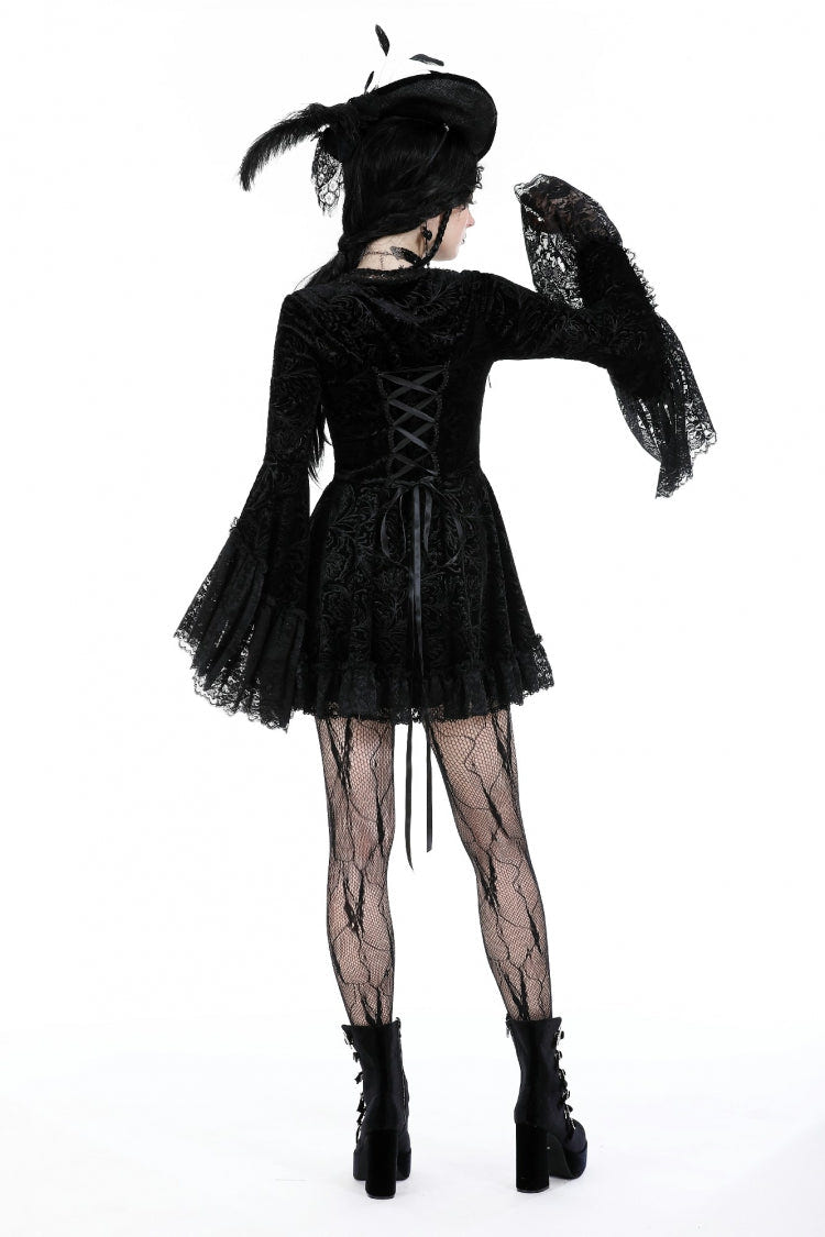 Black Square Collar Long Flared Sleeves Multi-Layered Lace Trim Lace-Up Women's Gothic Velvet Dress - Product - 4