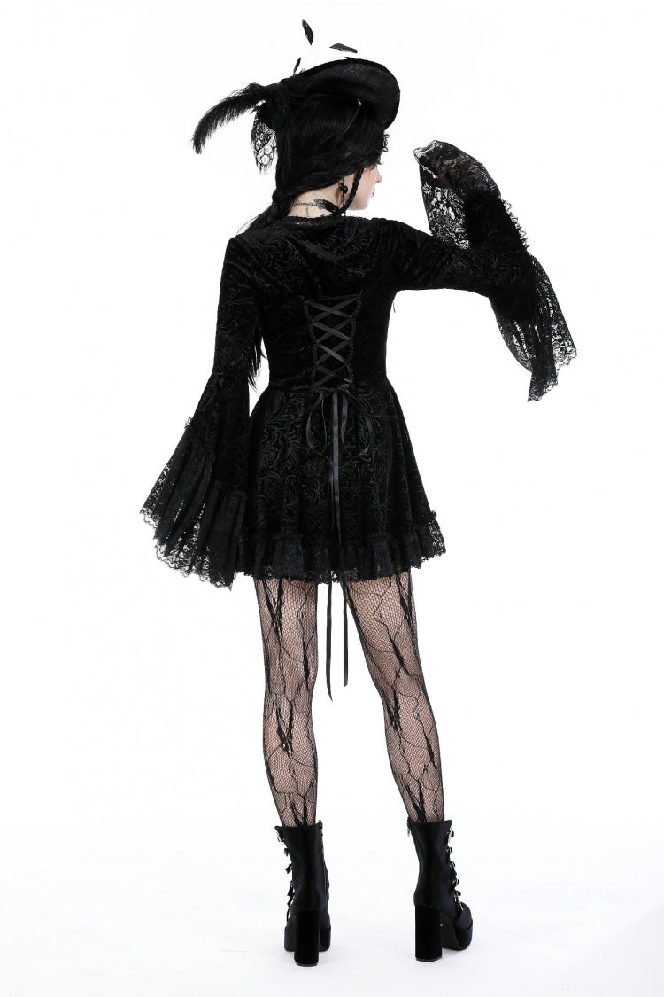 Black Square Collar Long Flared Sleeves Multi-Layered Lace Trim Lace-Up Women's Gothic Velvet Dress - Product - 4