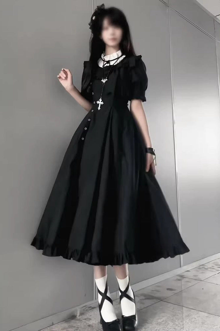 Black [Day & Night] Stand Collar Short Sleeves Ruffled Gothic Elegant Lolita Dress - Product - 3