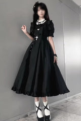 Black [Day & Night] Stand Collar Short Sleeves Ruffled Gothic Elegant Lolita Dress - Product - 3