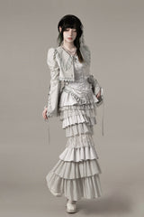Solid Color [Bionic Doll] Square Collar Multi-Layered Ruffle Bowknot Lace-Up Gothic Lolita Fishtail Skirt Corset Set - Product - 7