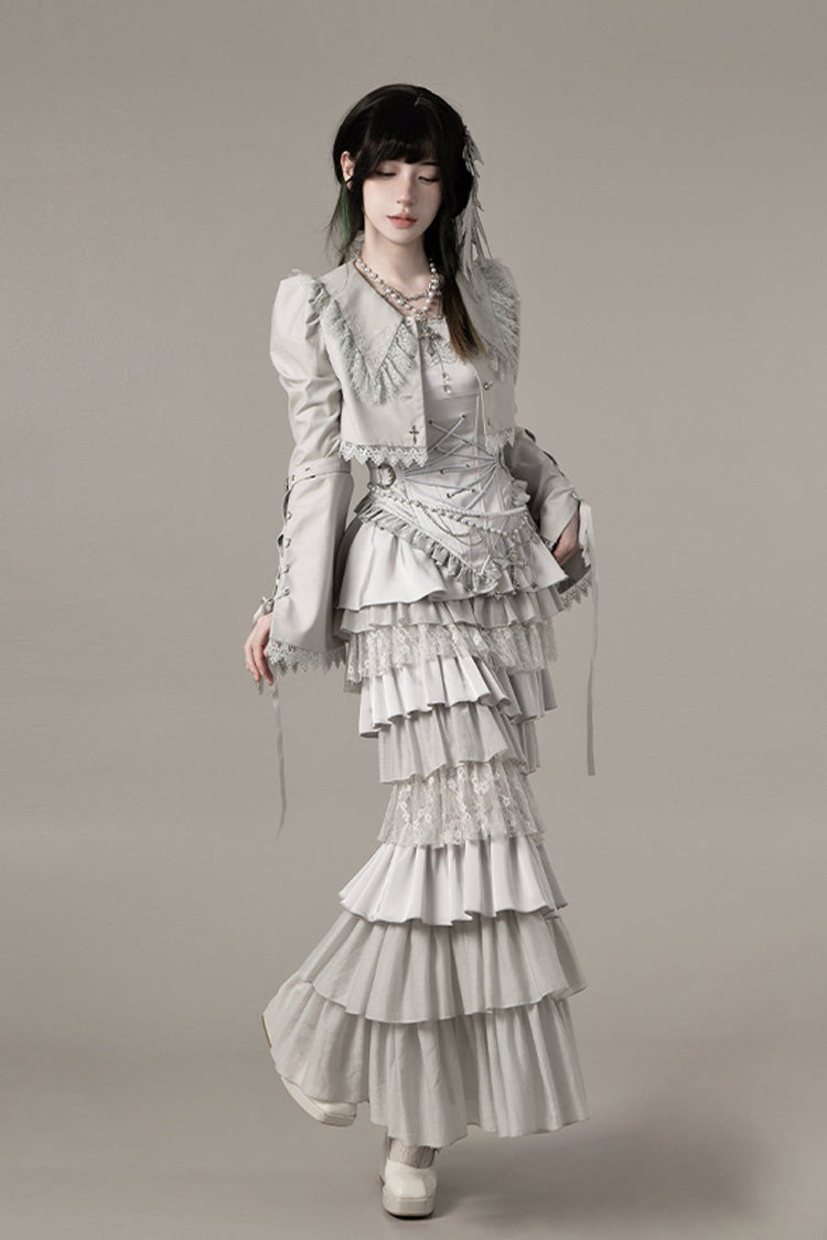 Solid Color [Bionic Doll] Square Collar Multi-Layered Ruffle Bowknot Lace-Up Gothic Lolita Fishtail Skirt Corset Set - Product - 7