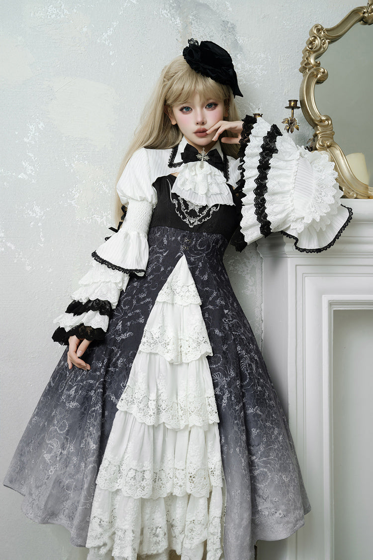 Black/White Print Bone Magic Ruffle Cardigan Lace Classic Gothic Princess Lolita Jsk Dress - Black/White - 1