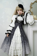 Black/White Print Bone Magic Ruffle Cardigan Lace Classic Gothic Princess Lolita Jsk Dress - Black/White - 1
