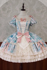 [Angel Heart Sky Oil Painting] Print Ruffle Cardigan Bowknot Sweet Princess Lolita Dress 3 Colors - Green/Pink - 24