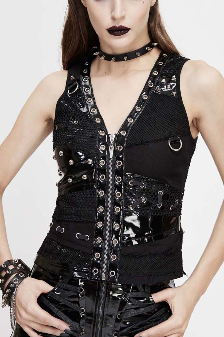 Black V Neck Splice Mesh Asymmetrical Design Heavy Metal Women's Punk Waistcoat - Black - 1