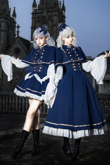 Blue [Eternal Crown] Stand Collar Long Lantern Sleeves Ruffled Color-Blocked Faux Two-Piece Classic Royal Lolita Dress 2 Versions - Product - 9