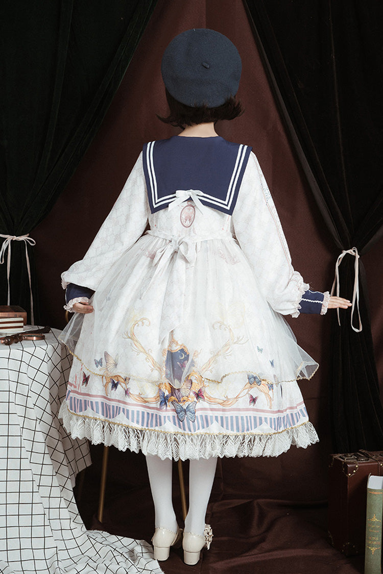 White Navy Collar Long Sleeves Butterfly Print Ruffle Bowknot Sweet Elegant Princess Lolita Dress - Product - 3