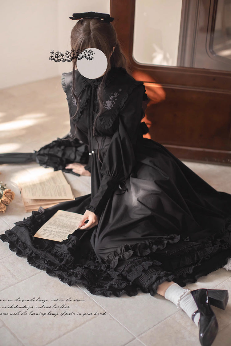 Black [Wind Kissed Tulips] Long Sleeves Ruffle Embroidery Bowknot Gothic Vintage Elegant Lolita Dress - Product - 5