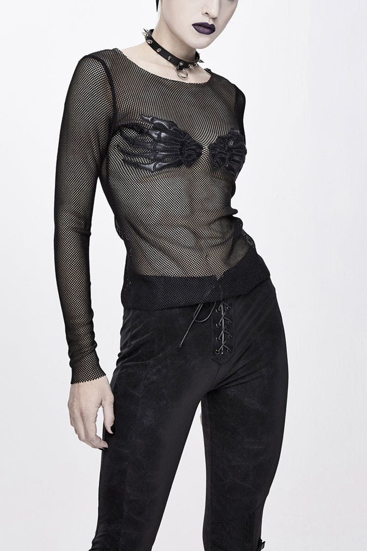 Black Round Collar Chest Skull Palm Long Sleeve Women's Punk Mesh Shirt - Black - 1
