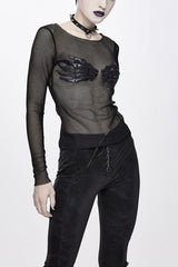 Black Round Collar Chest Skull Palm Long Sleeve Women's Punk Mesh Shirt - Black - 1