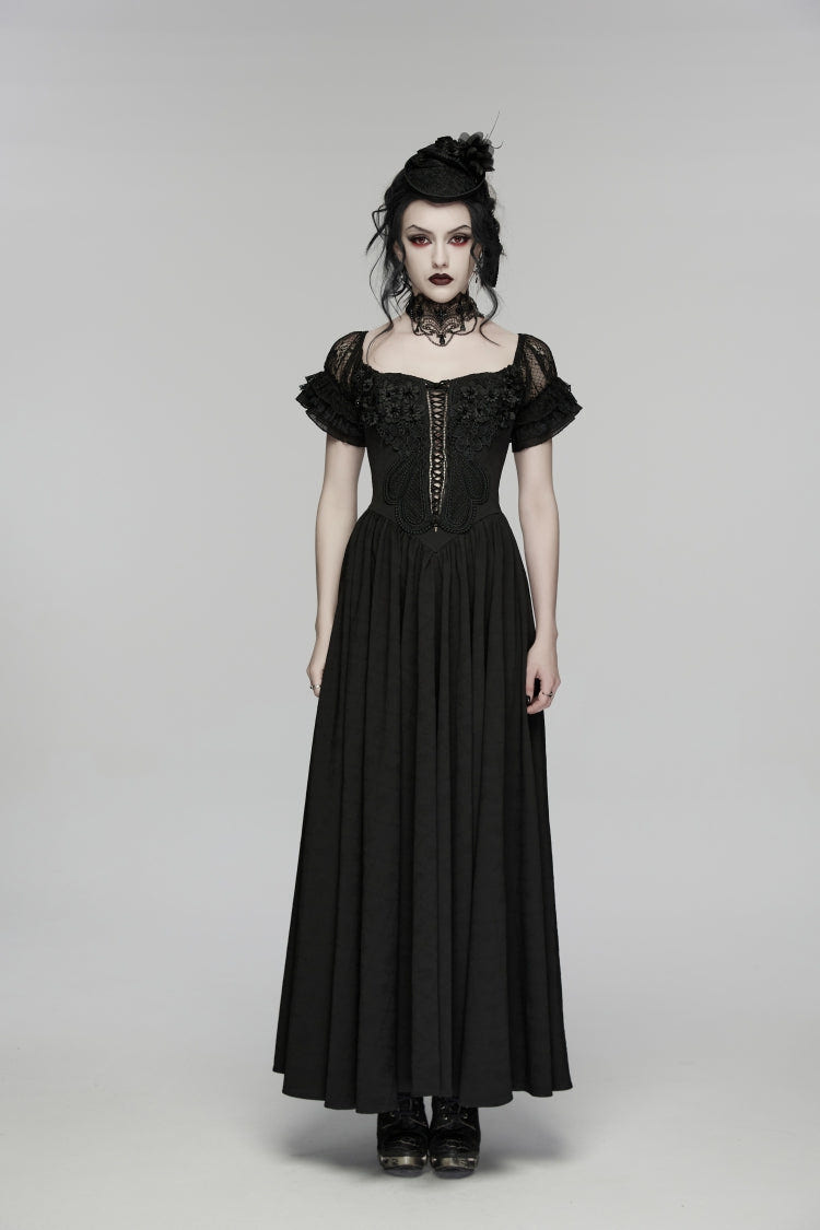 Black Off Shoulder Short Puff Sleeves Ruffled Hanayome Embroidered Lace Women's Gothic Elegant Gorgeous Dress - Product - 2