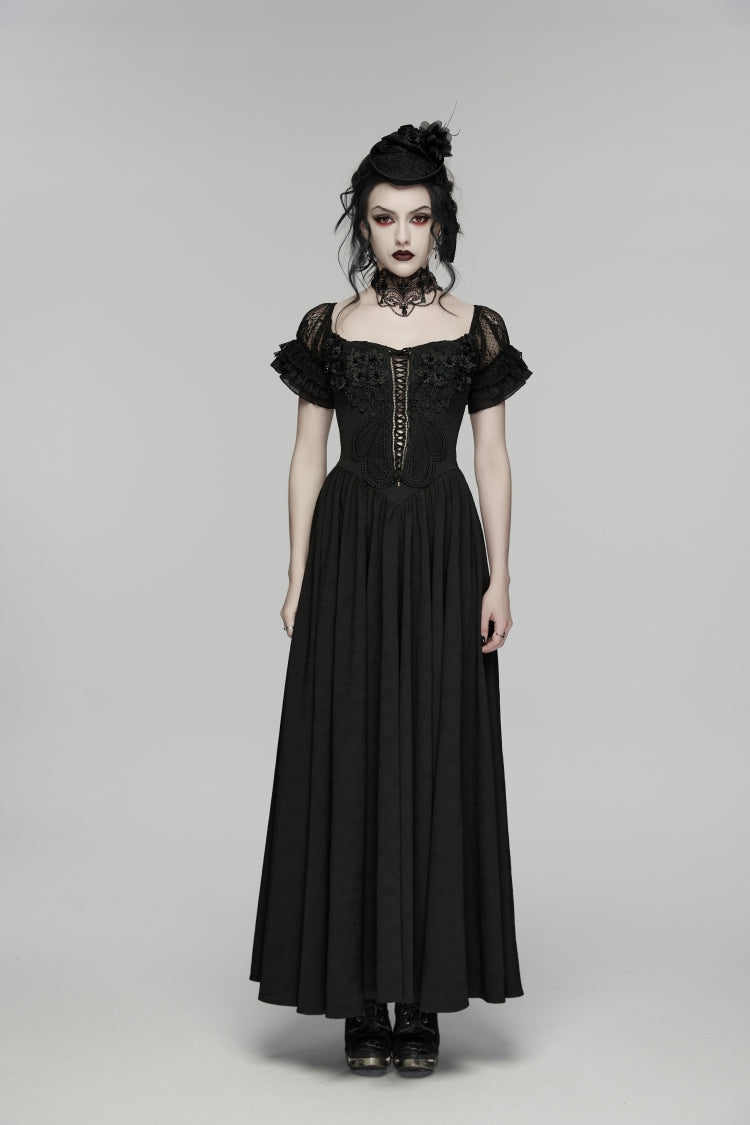 Black Off Shoulder Short Puff Sleeves Ruffled Hanayome Embroidered Lace Women's Gothic Elegant Gorgeous Dress - Product - 2