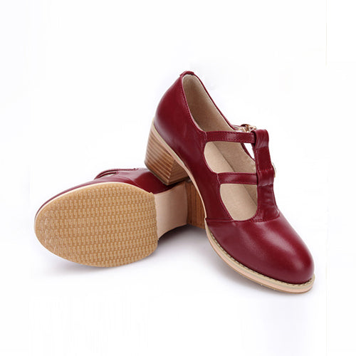 Retro Wine Red Double Buckles Mid Heel Lolita Shoes - Product - 3