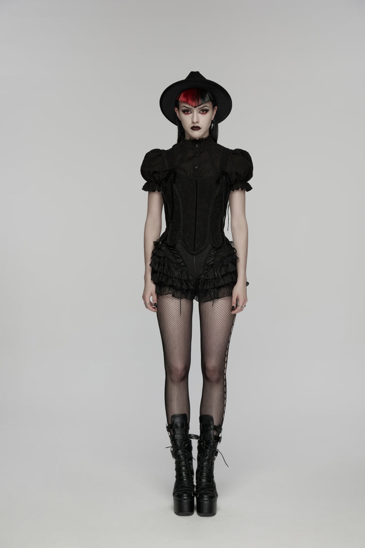 Black Multi-Layered Embroidered Lace Lace-Up Pleated Women's Gothic Shorts - Product - 2