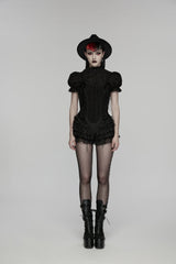 Black Multi-Layered Embroidered Lace Lace-Up Pleated Women's Gothic Shorts - Product - 2