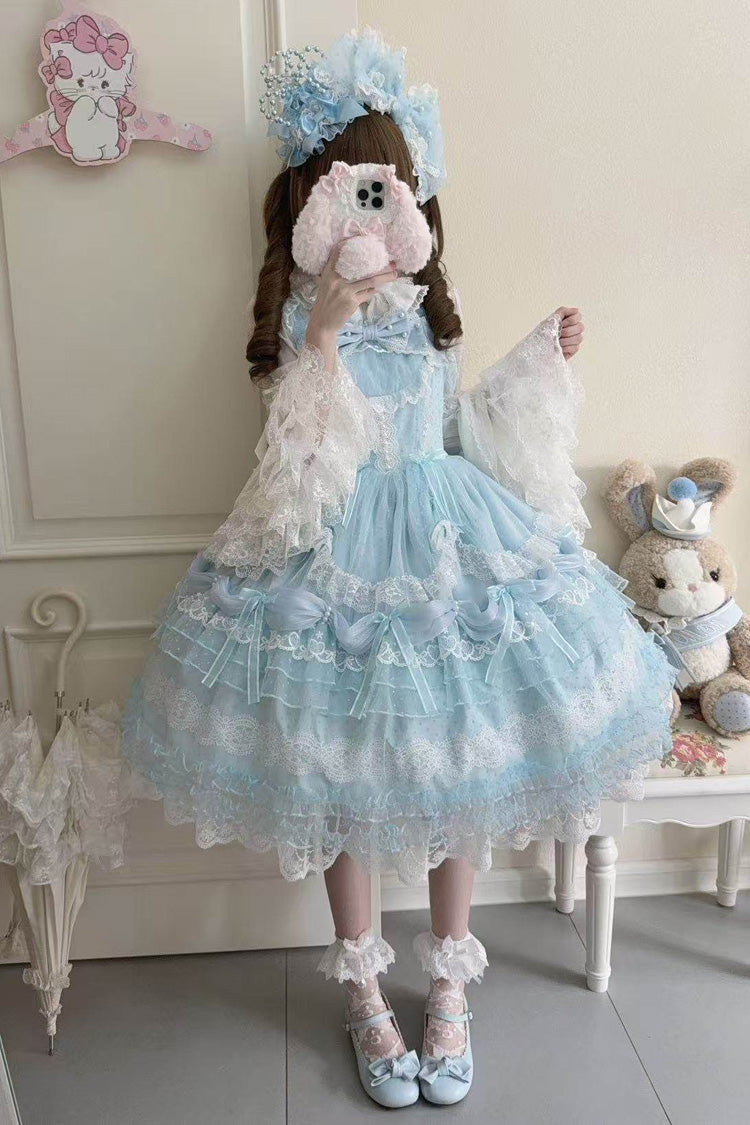Blue [Sugar Heart Knot] Multi-Layered Ruffled Bow Lace Sweet Lolita Jsk Dress - Blue - 1