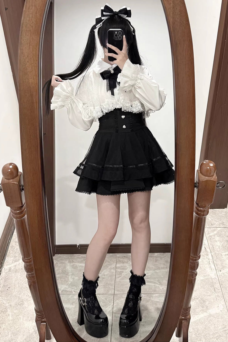 [Law of Disorder] Lapel Collar Long Sleeves Bow Lace Sweet Jirai Kei Skirt and Top 3 Colors - Product - 11
