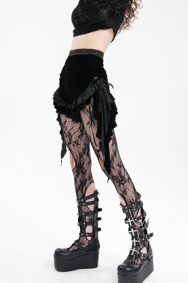 Black Plumed Ruffle Mesh Women's Gothic Shorts - Product - 10
