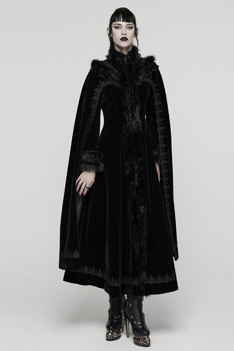 Black Stand Collar Embroidered Lace-Up Women's Gothic Coat - Product - 4